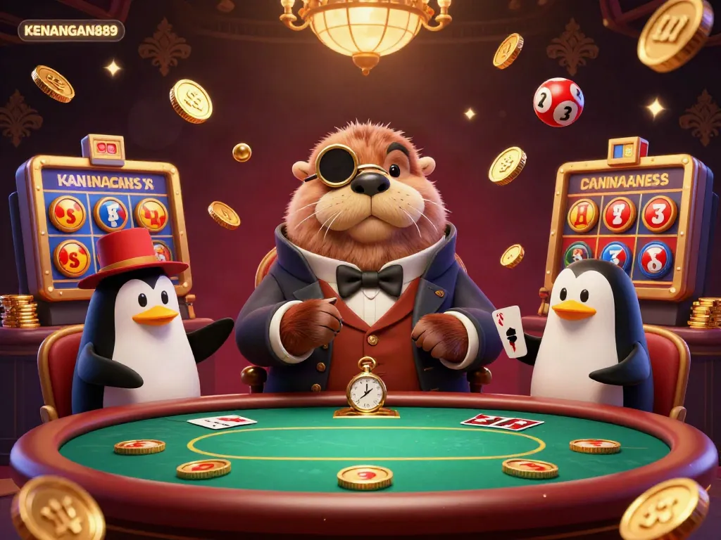 Experience the excitement of KENANGAN889 with a jolly walrus playing poker under water, surrounded by vibrant gaming elements.