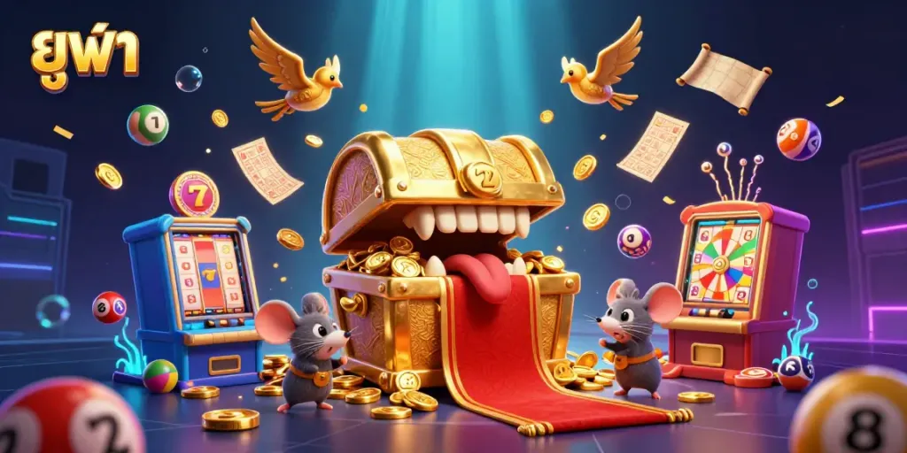 Experience the thrill of ยูฟ่า in a vibrant 3D casino scene showcasing treasure chests, lottery balls, and slot machines.
