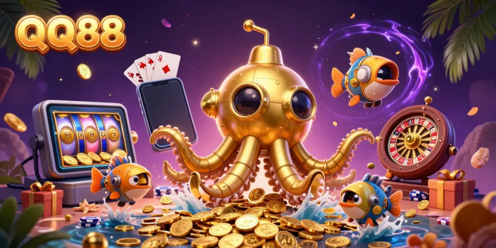 Experience QQ88 with a vibrant underwater scene showcasing a golden kraken submarine amidst a treasure trove of coins and interactive casino games.