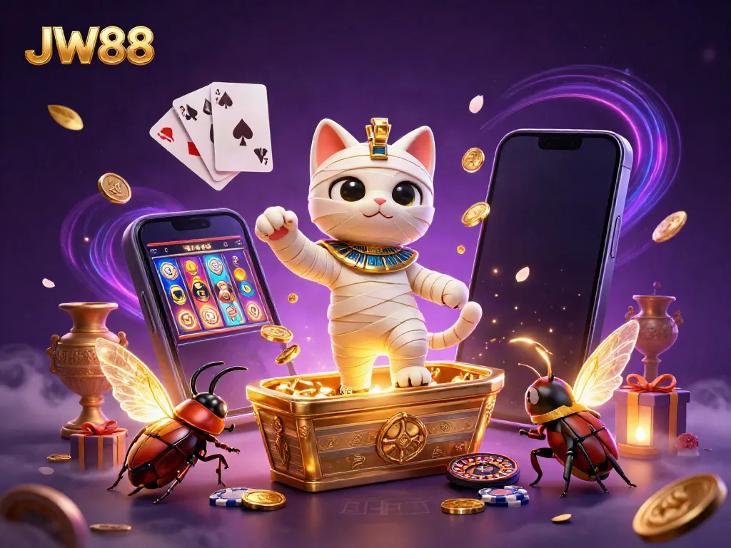 JW88 mummy cat and scarab beetle celebrate winning in a pyramid casino with vibrant game elements.