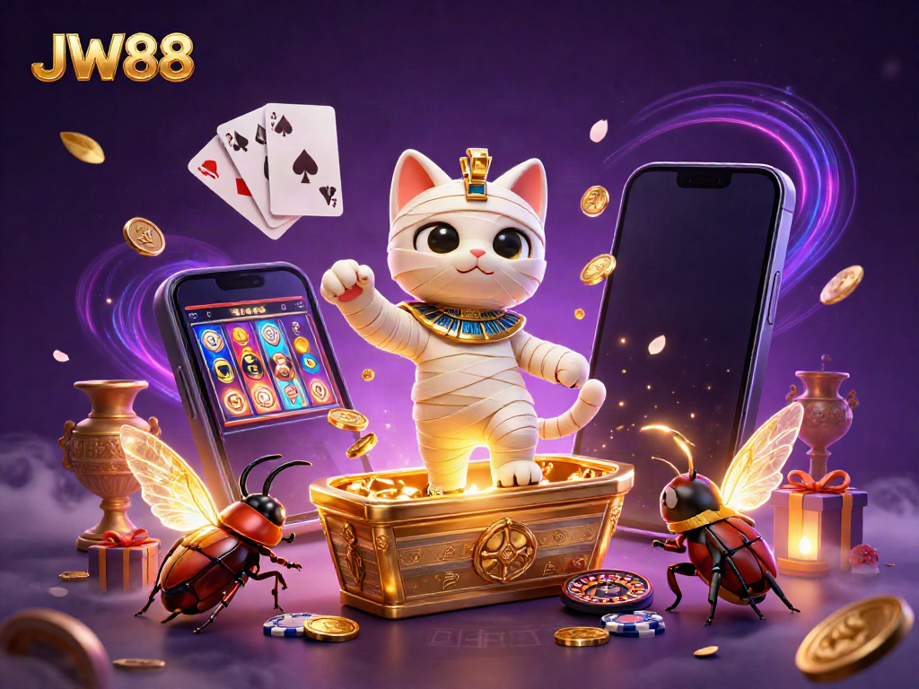 JW88 mummy cat and scarab beetle celebrate winning in a pyramid casino with vibrant game elements.