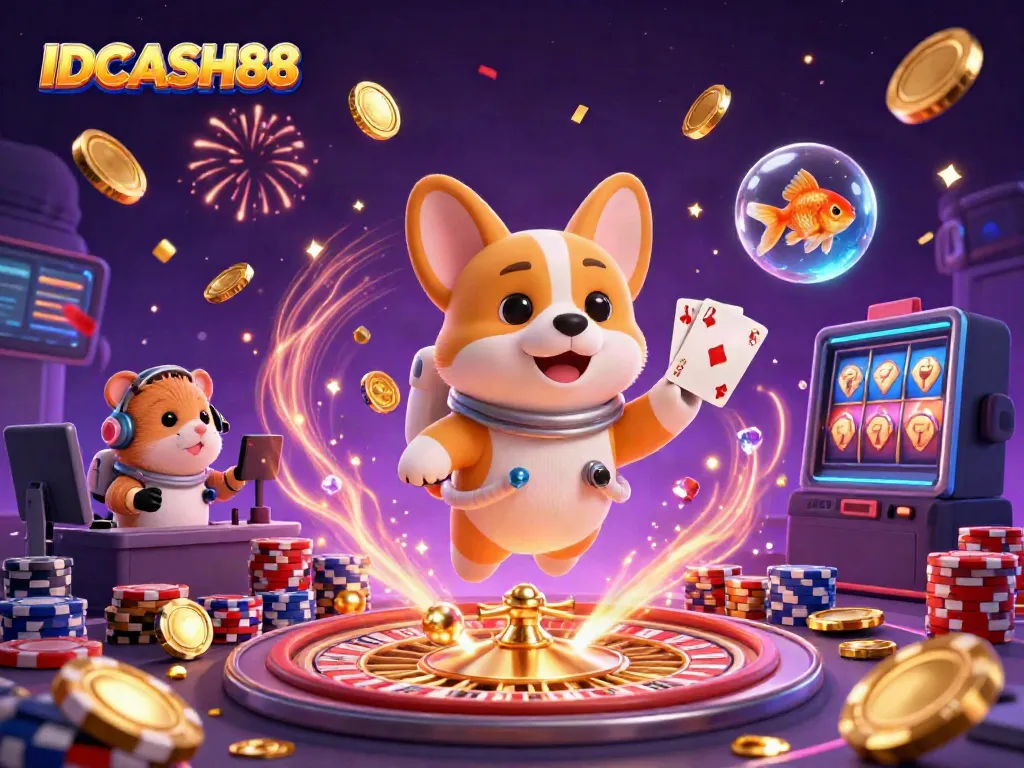 Engage with IDCASH88 in a vibrant cosmic casino scene featuring an astronaut corgi and gaming elements.