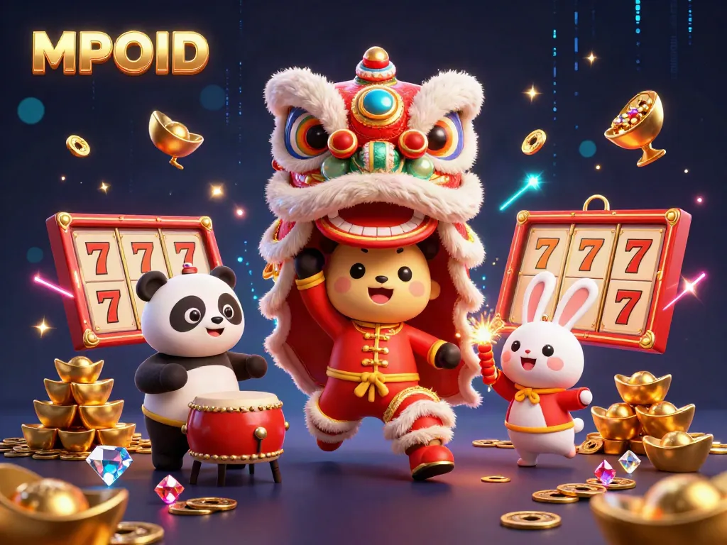 MPOID presents an engaging casino scene with a vibrant lion dance, showcasing rich visuals of gold and gaming elements.