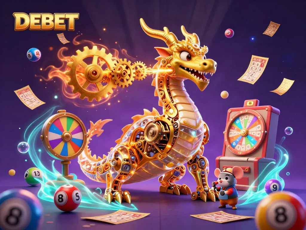Experience DEBET's thrilling casino adventure with a golden dragon, vibrant lottery elements, and exciting prizes.