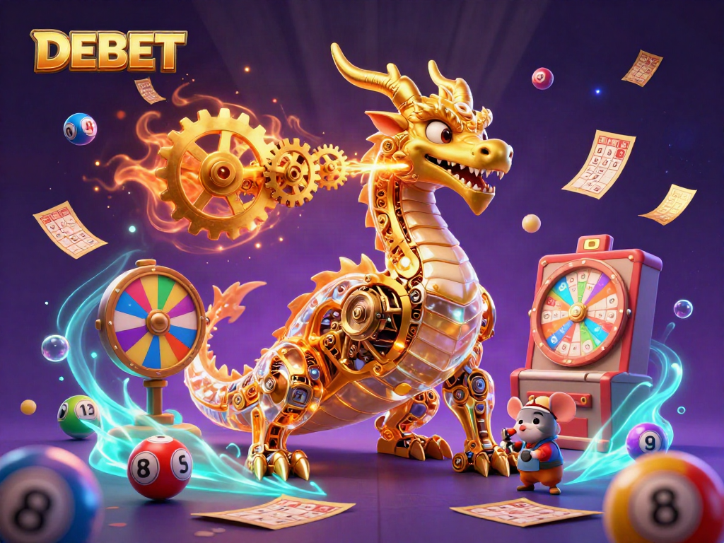 Experience DEBET's thrilling casino adventure with a golden dragon, vibrant lottery elements, and exciting prizes.