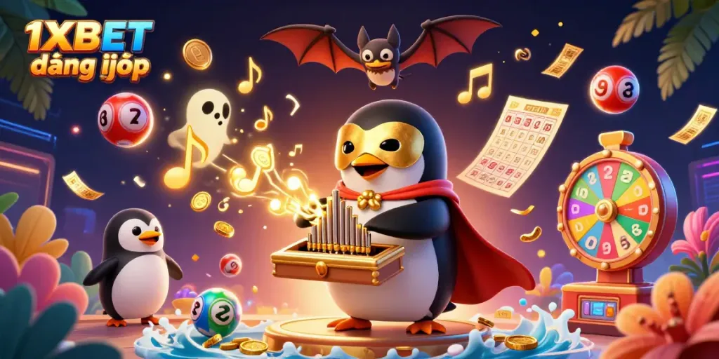 Experience the thrill of 1XBET đăng nhập while the cheerful penguin plays music in a rich gambling scene.