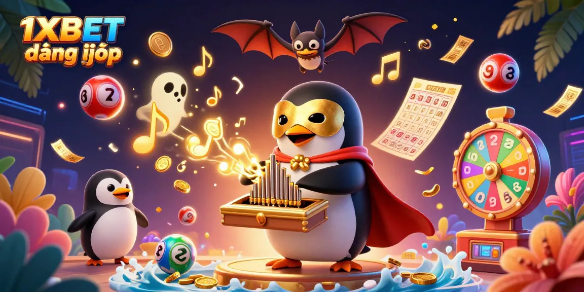 Experience the thrill of 1XBET đăng nhập while the cheerful penguin plays music in a rich gambling scene.