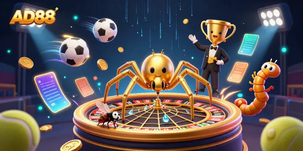 Engage in thrilling bets with AD88, featuring a spider and croupier in a dynamic casino scene.