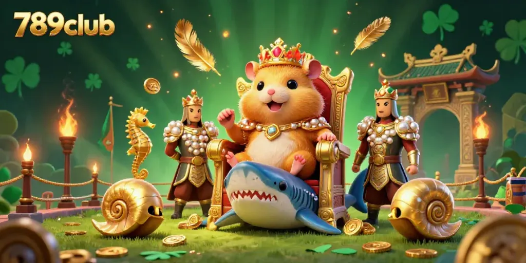 Experience the excitement of 789club with a charming golden hamster king on a megalodon throne surrounded by royal guards and casino tokens.