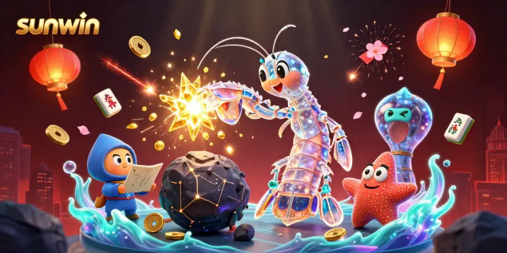 Join the excitement at sunwin with a vibrant 3D illustration of a galactic mantis shrimp exploring asteroid riches.