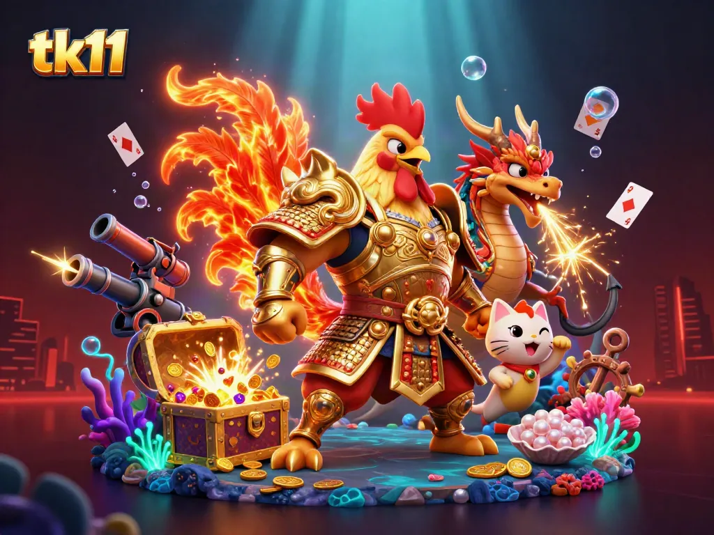 Engage with tk11 in this dynamic 3D scene featuring a rooster warrior amidst gold coins and vibrant casino elements.