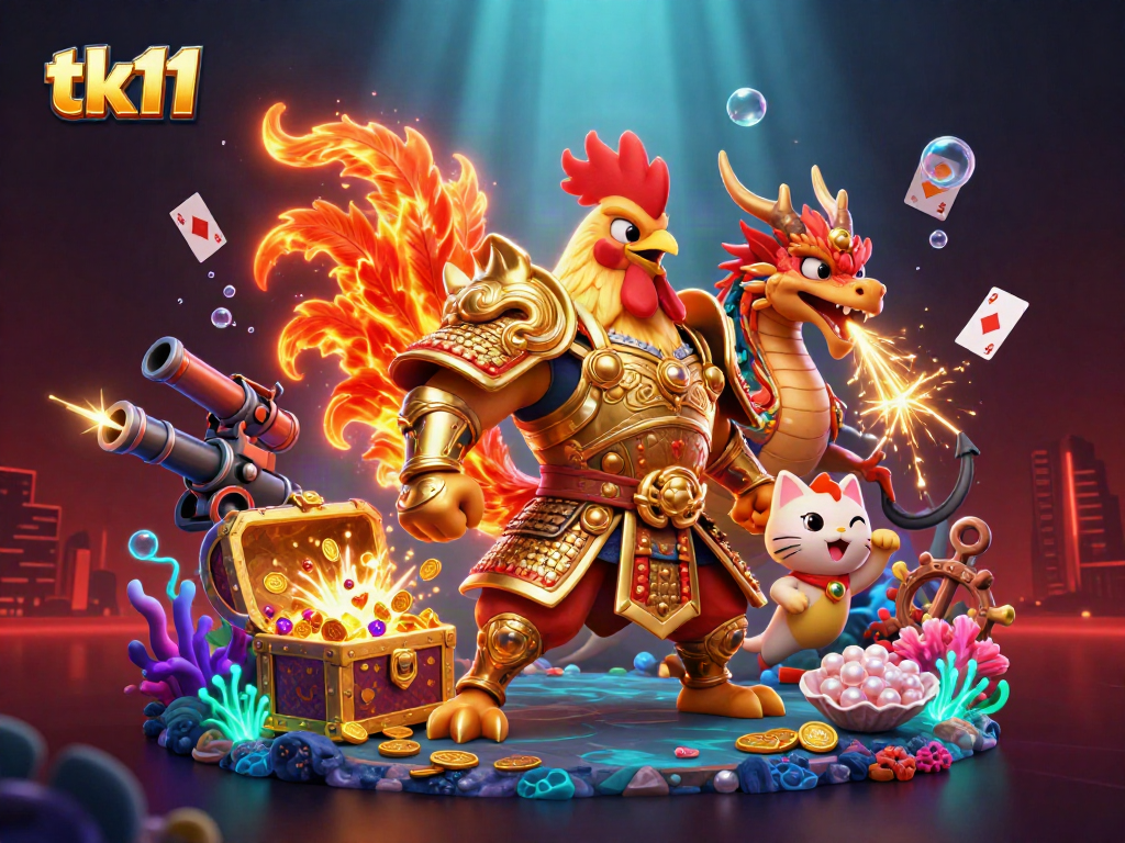 Engage with tk11 in this dynamic 3D scene featuring a rooster warrior amidst gold coins and vibrant casino elements.
