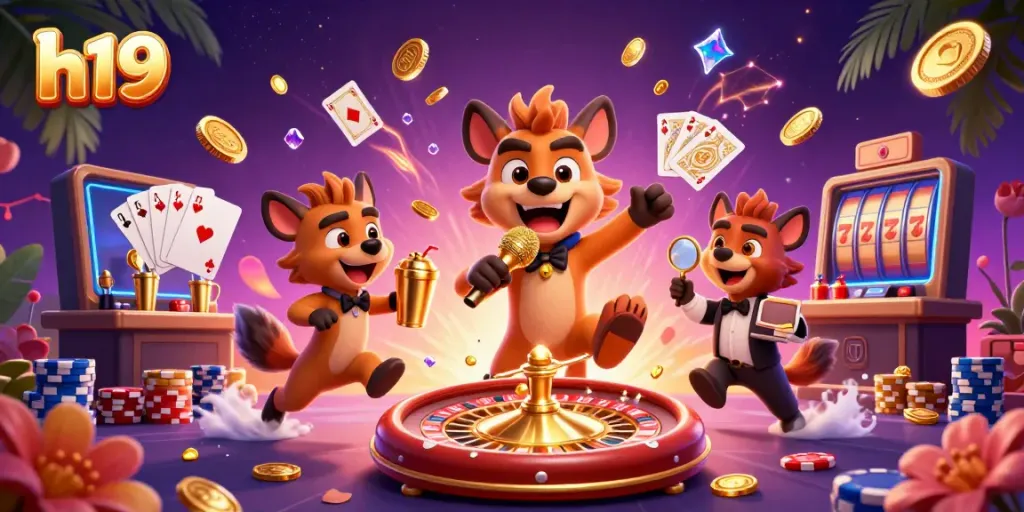 Experience the excitement of h19 gaming with a vibrant casino scene featuring hyenas as characters!