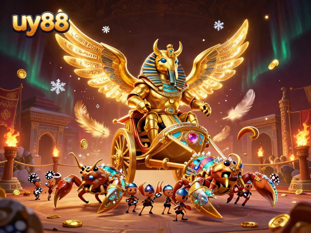 Experience the thrilling world of uy88 with a colossal scarab and scorpions in a vibrant casino motif.