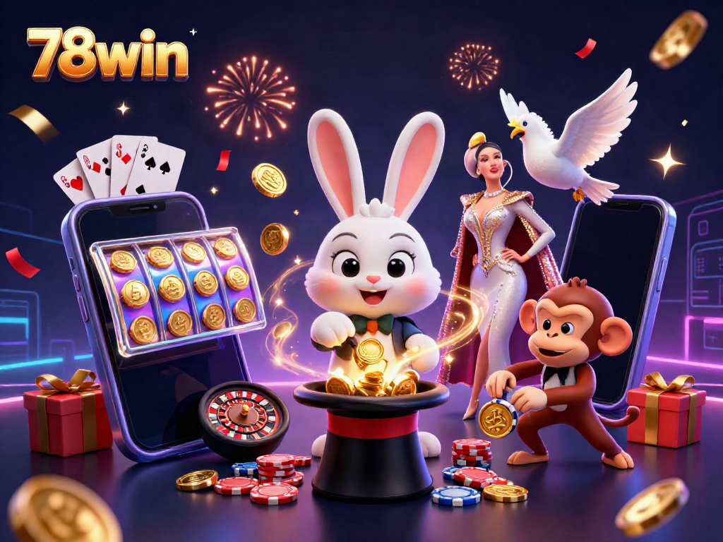 Experience the thrill of 78win with a magician rabbit, golden coins, and poker chips in a dynamic illustration.