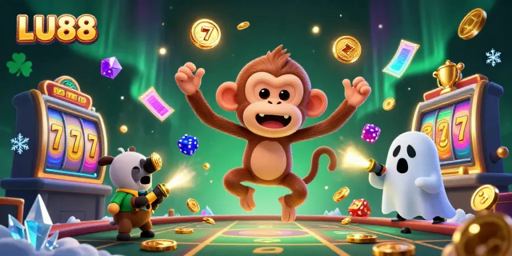 LU88 showcases an exciting haunted casino scene with a playful poltergeist monkey and a curious puppy tracking golden treasures.