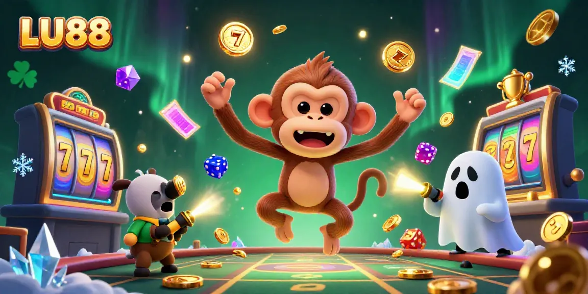 LU88 showcases an exciting haunted casino scene with a playful poltergeist monkey and a curious puppy tracking golden treasures.