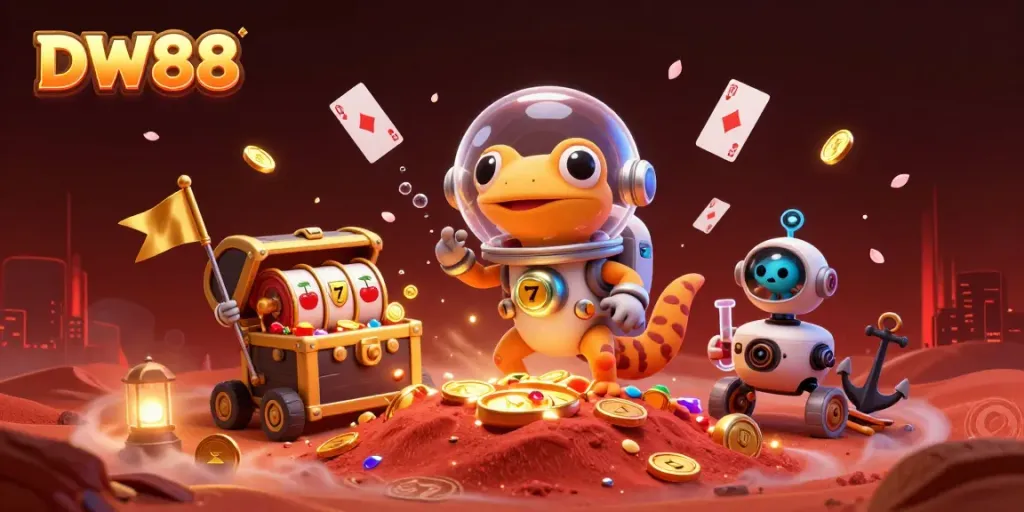 Experience the thrilling discoveries of DW88 with a Martian gecko finding hidden treasures in a golden casino.