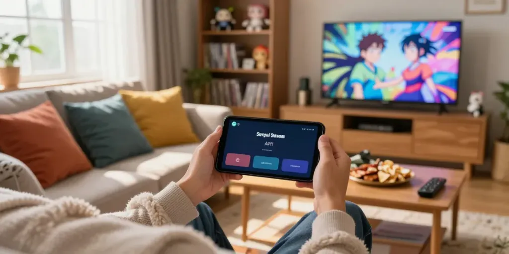 Person utilisant l'application Senpai Stream APK dans un salon chaleureux avec une ambiance animée.
