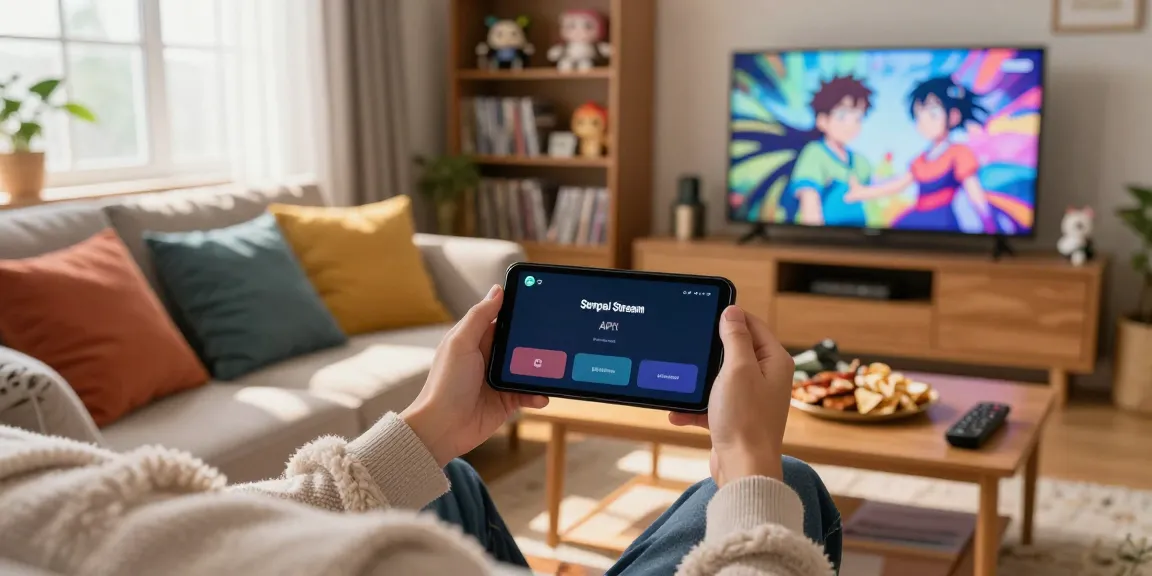 Person utilisant l'application Senpai Stream APK dans un salon chaleureux avec une ambiance animée.