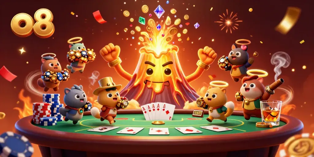 Experience the thrilling eruption of treasures at o8's casino with a golden volcano and escaping adventurers!