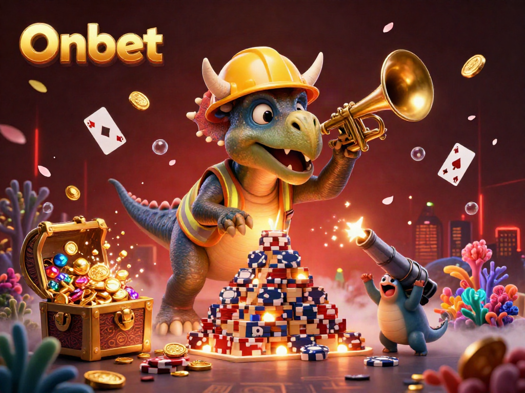 Onbet casino illustration showcasing a triceratops building a poker chip pyramid, celebrating unique gaming elements.