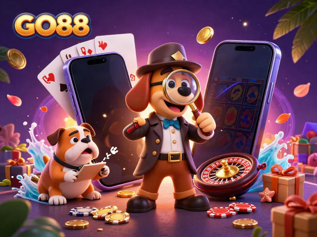 Experience the excitement at GO88 as illustrated by a detective searching for clues in a vibrant casino scene.