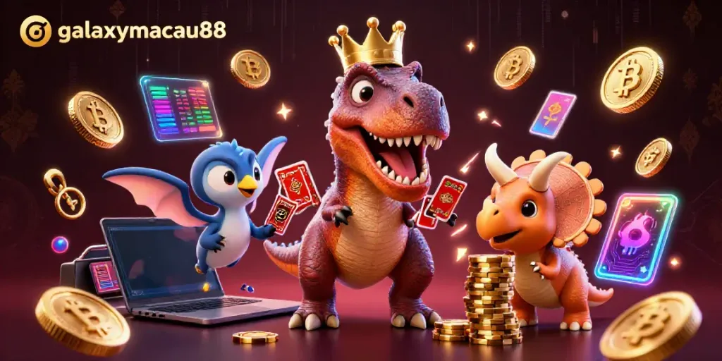 Experience the vibrant world of galaxymacau88 with dinosaurs shuffling cards and stacking chips in a spectacular 3D illustration.