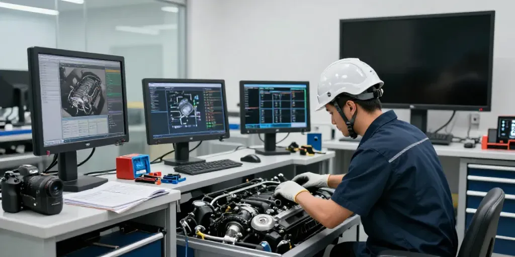 Engine inspection at a BMW werkstatt hannover led by a skilled technician in a modern workshop.