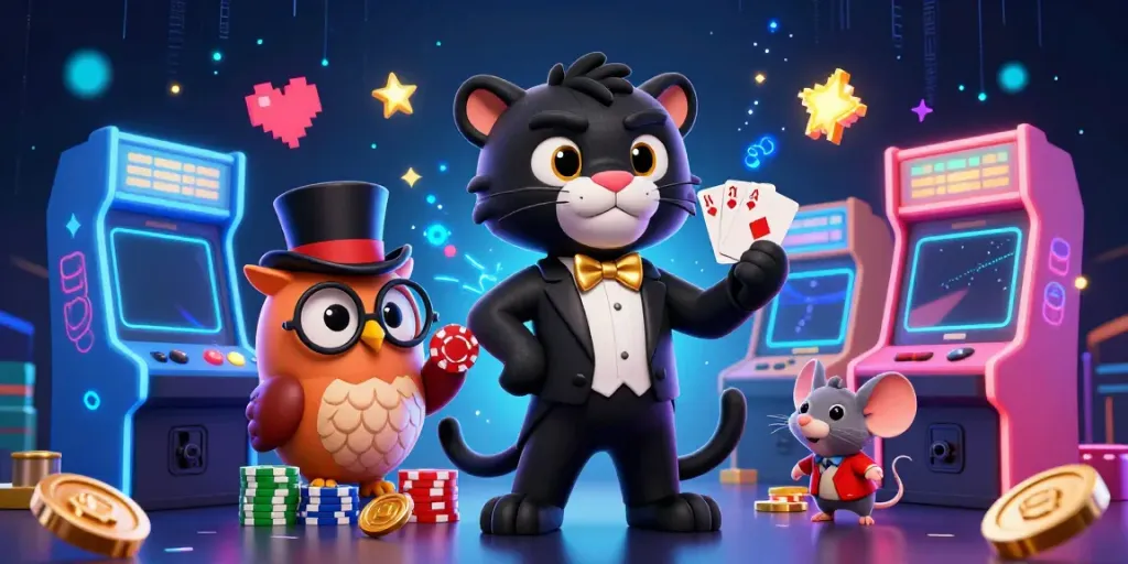 Black panther dealing cards at a casino themed radio event, surrounded by gaming elements.