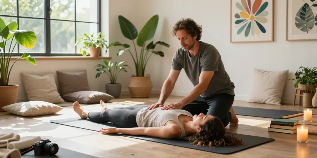 Italian sex instructor guiding a woman in a serene workshop on holistic sexuality.