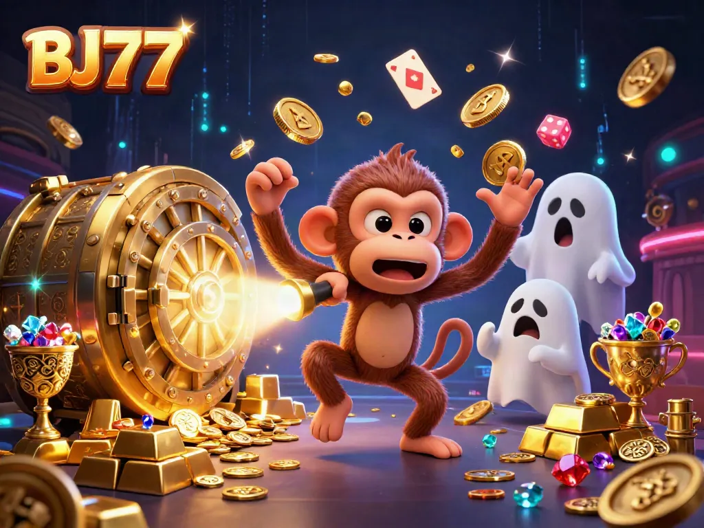 Experience the magical chase of BJ77 as a mischievous monkey and curious puppy explore a casino.