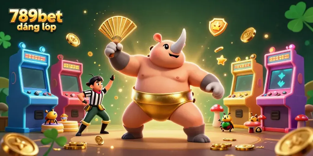 Experience the thrill of 789bet đăng nhập as the sumo champion beetle stomps gold coins, illuminating the gaming excitement.