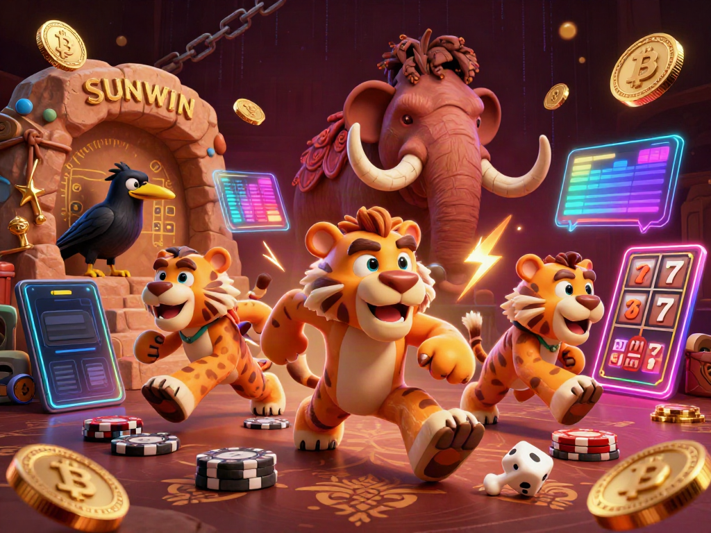 Engage with SUNWIN in a vibrant 3D casino scene featuring a prehistoric theme.