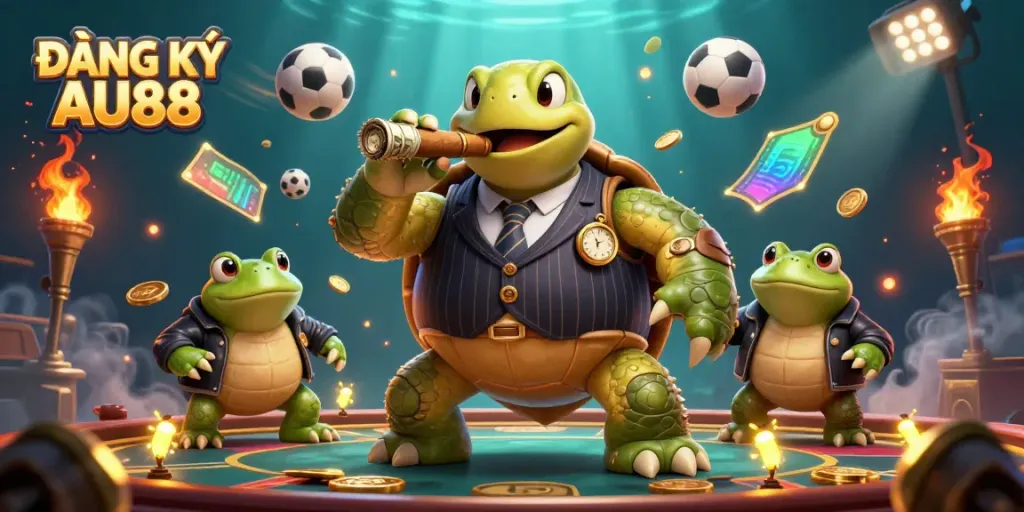 Experience the vibrant world of ĐĂNG KÝ AU88 with cartoon characters and dynamic sports elements in a casino setting.
