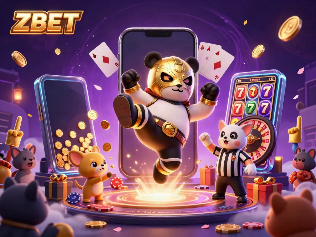 ZBET elevates excitement as a panda wrestler kicks off a vibrant casino scene filled with slot games.