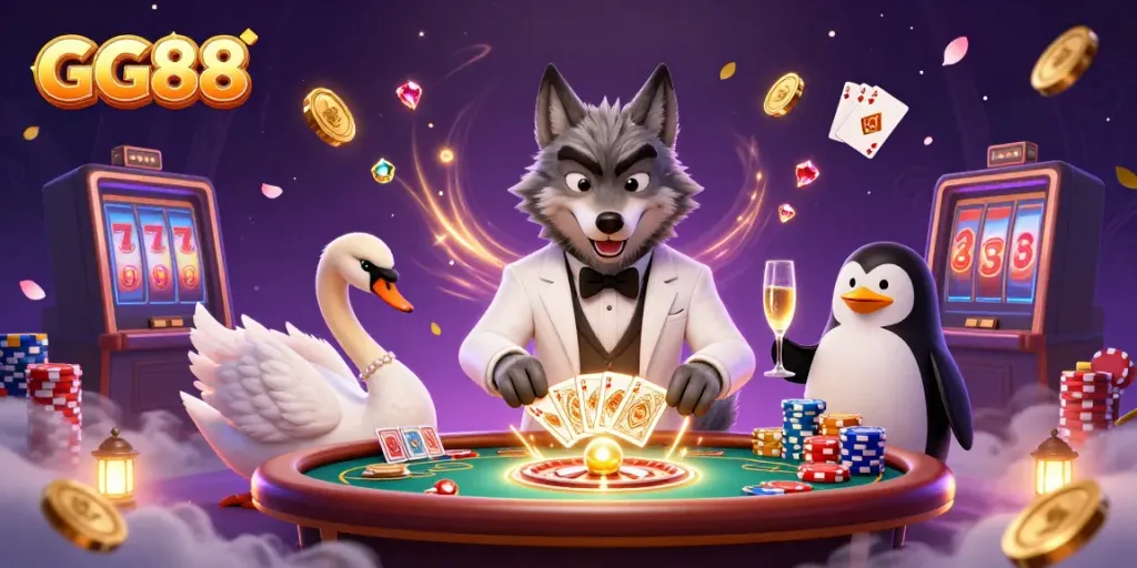 Explore GG88's vibrant 3D casino scene with a winning wolf, a swan dealer, and a penguin sommelier.