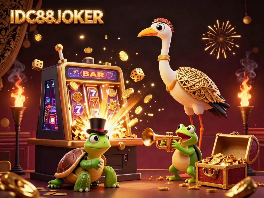 Engage with IDC88JOKER at a lively casino, featuring animated characters amid a jackpot explosion.