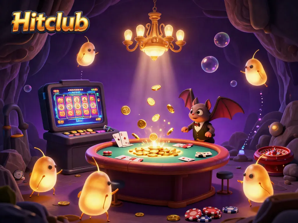 Hitclub's cave casino, featuring glowworms and a bat dealer, is packed with colorful slot game elements.