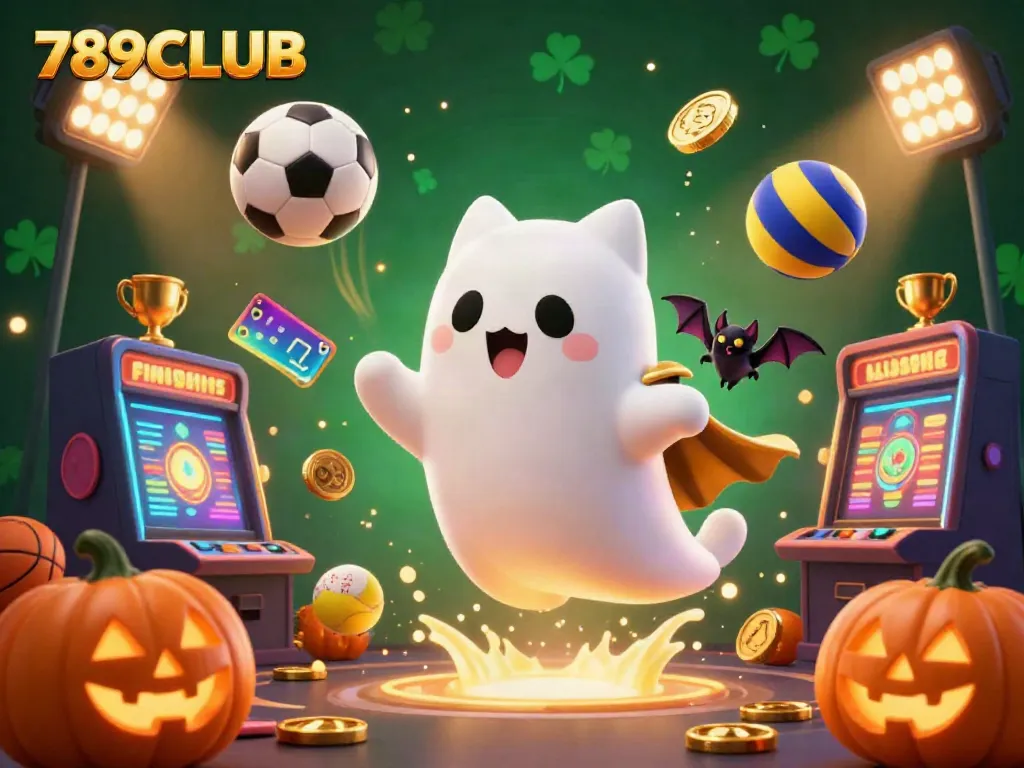 Engage with thrilling slots and casino games at 789CLUB featuring a playful ghost cat and vibrant gaming atmosphere.