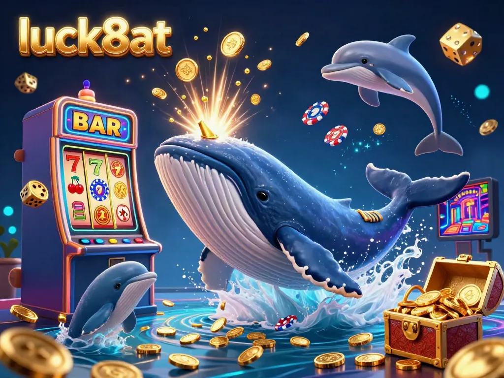 Experience the excitement of luck8at with a whale breaching through gold coins and playful dolphins in a vibrant casino scene.