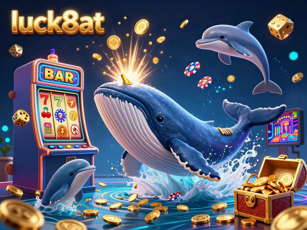 Experience the excitement of luck8at with a whale breaching through gold coins and playful dolphins in a vibrant casino scene.