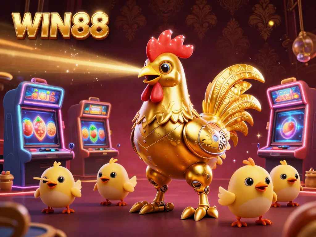 Experience WIN88's thrilling slot action with this vibrant 3D casino scene illustration.