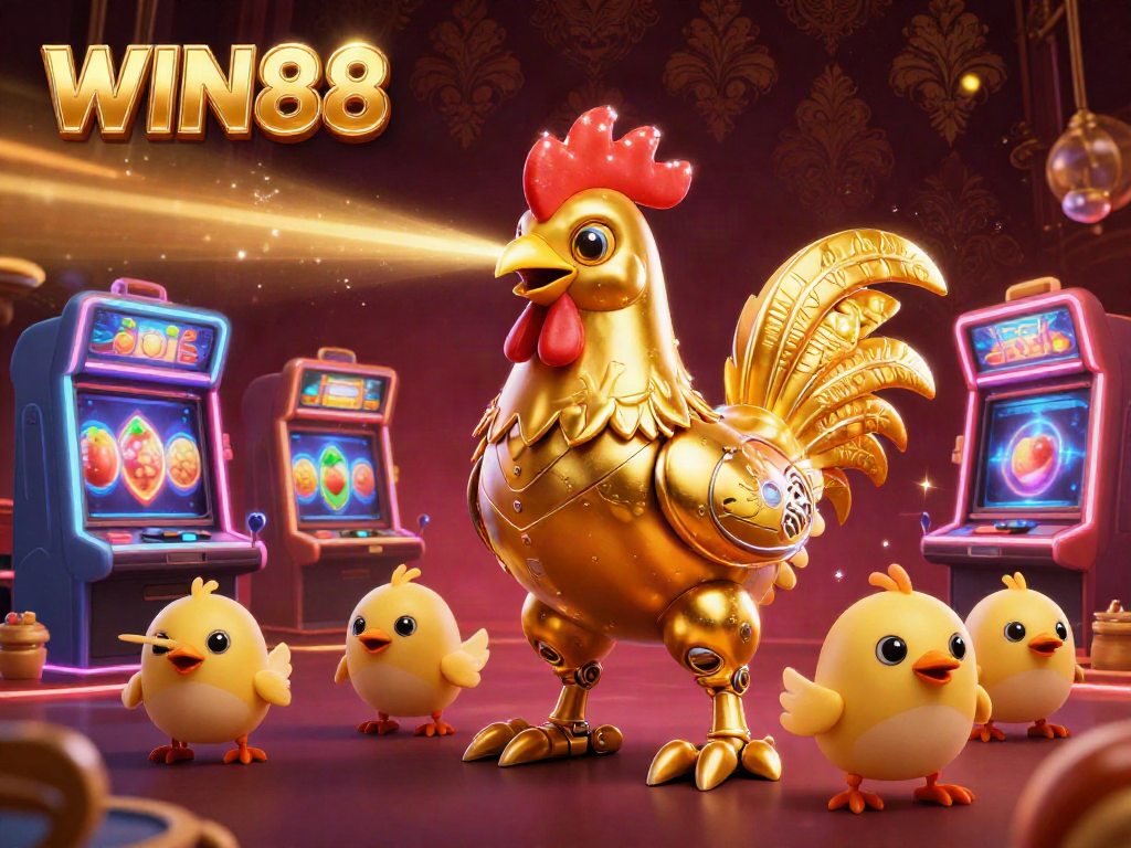 Experience WIN88's thrilling slot action with this vibrant 3D casino scene illustration.