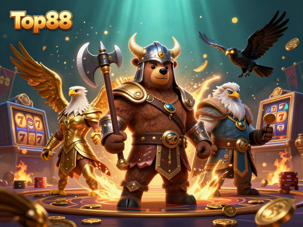 Experience the vibrant world of Top88 with a Viking bear and Valkyrie in a dynamic casino setting.