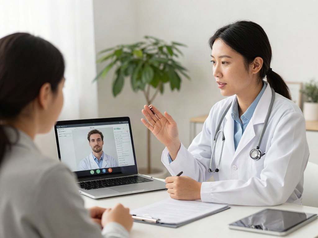BPC 157 benefits discussed in a telehealth consultation, showcasing compassionate healthcare provider and patient care.