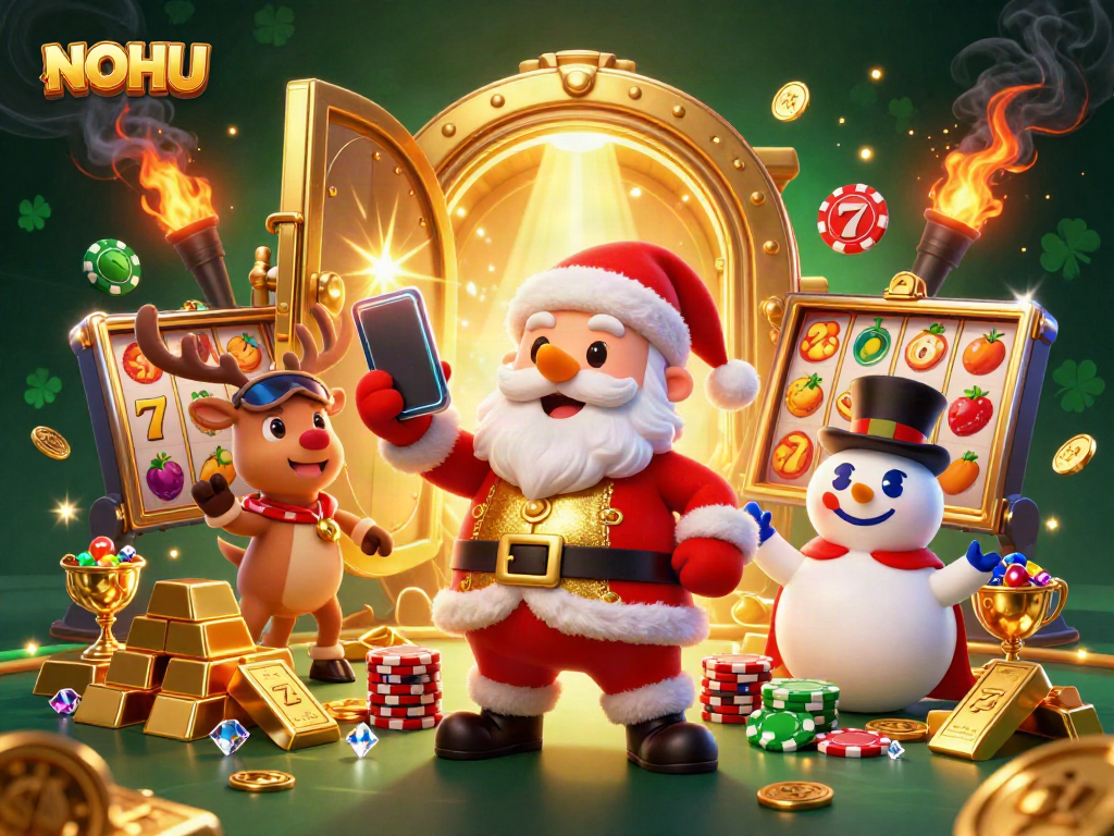 Engage in thrilling slots action at NOHU with vibrant characters celebrating lottery jackpots.