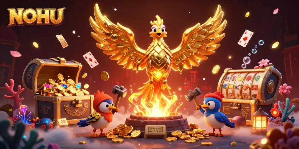 Experience the thrill of NOHU with a dynamic 3D illustration of a golden phoenix surrounded by casino elements.