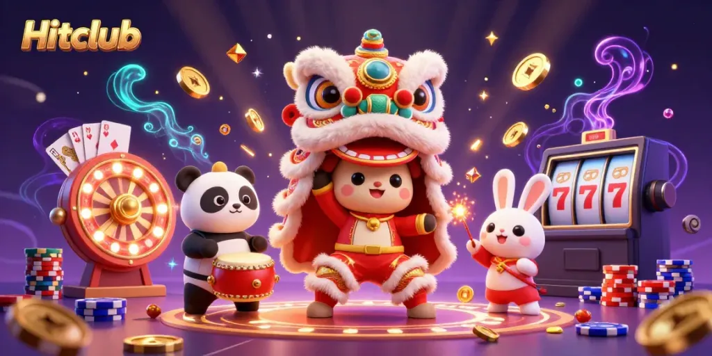 Experience the excitement of Hitclub with a vibrant 3D illustration of a lion dance, drumming panda, and rabbit amidst casino elements.