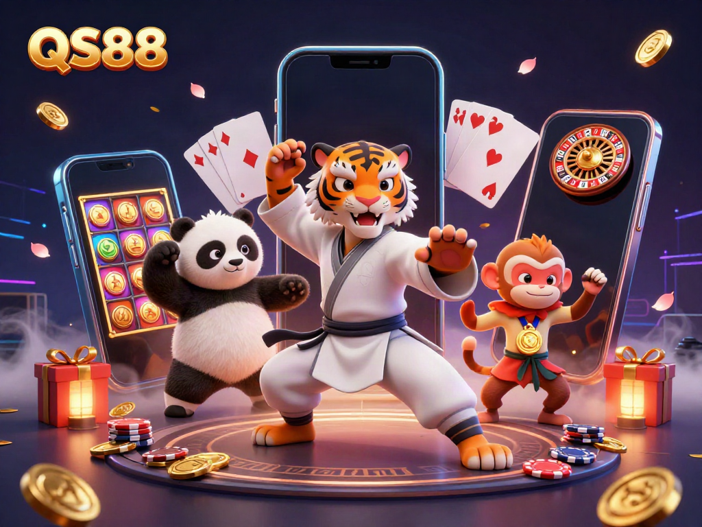 Experience thrilling adventures at QS88 with a kung fu tiger, a panda, and a monkey amidst vibrant casino elements.